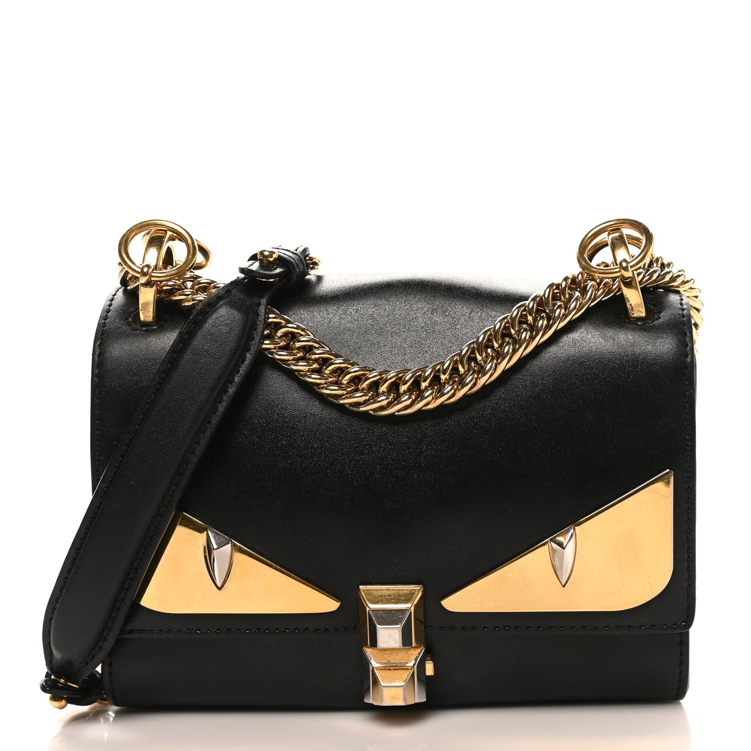 Fendi Vitello Liberty Metal Monster Eyes Small Kan I Shoulder Bag Black Gold 8 of 10