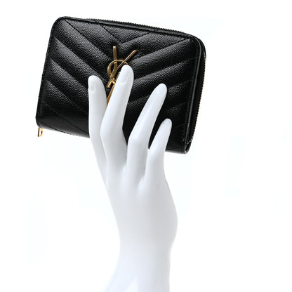 Saint Laurent Grain De Poudre Matelasse Chevron Monogram Compact Zip Around Wallet Black 2 of 9