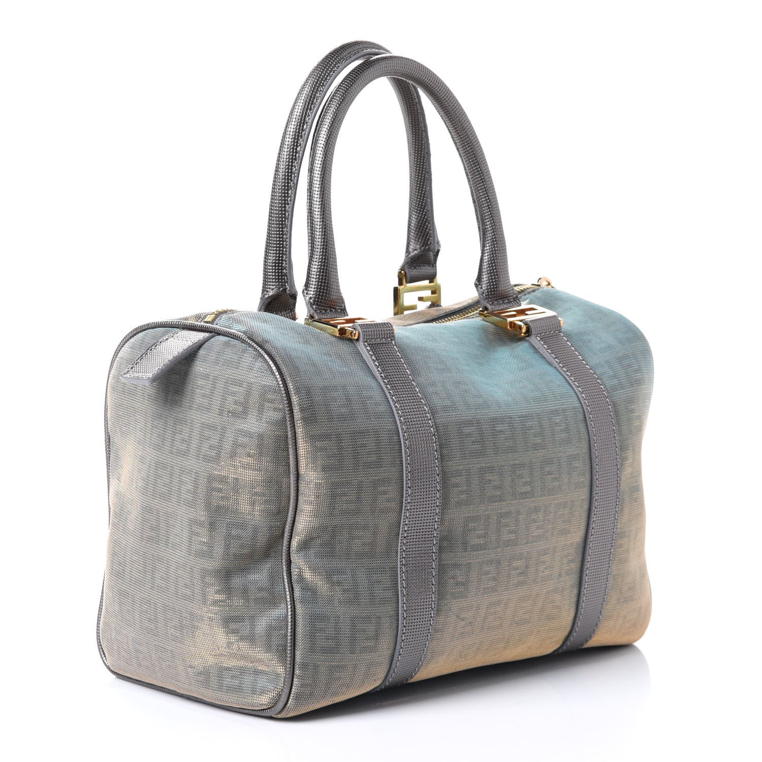 Fendi Metallic Zucchino Canvas Small Forever Boston Platinum Light Blue 2 of 4