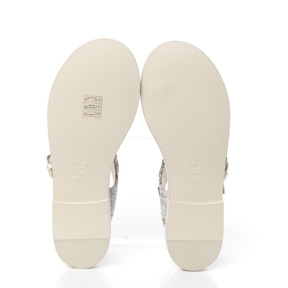 Chanel Tweed CC Thong Sandals 37 Ecru Blue Beige Grey 5 of 10