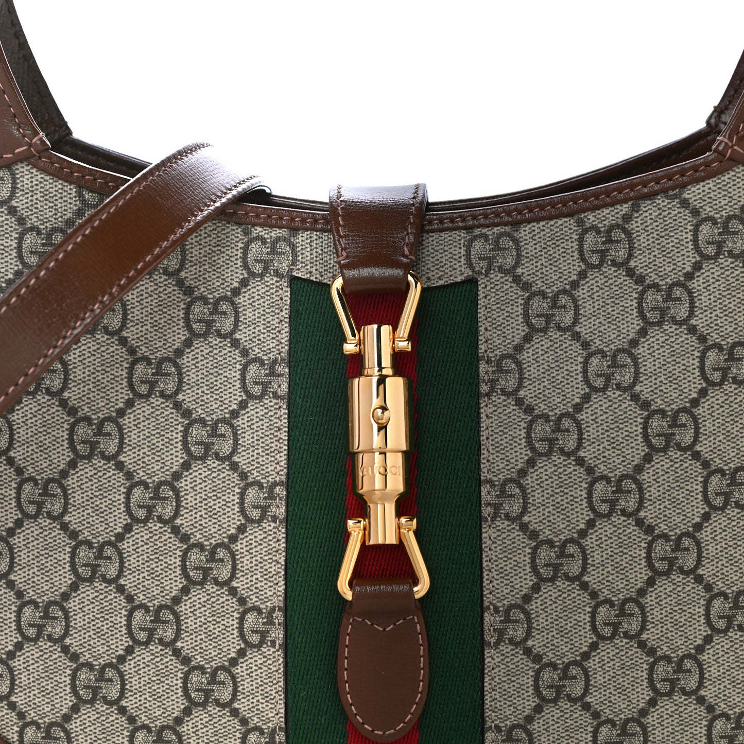 GG Supreme Monogram Azalea Calfskin Web Small Jackie 1961 Hobo Beige Ebony Brown Sugar