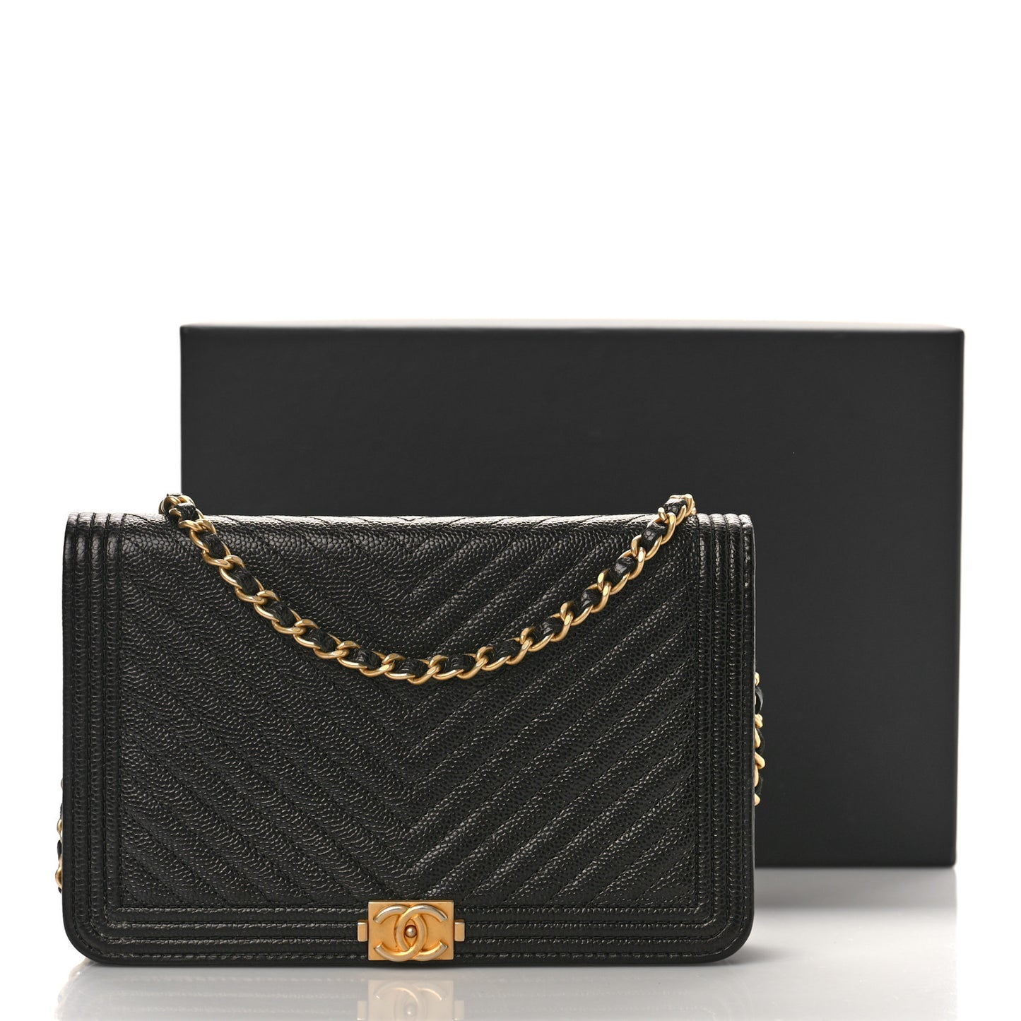 Caviar Chevron Quilted Boy Wallet On Chain WOC Black