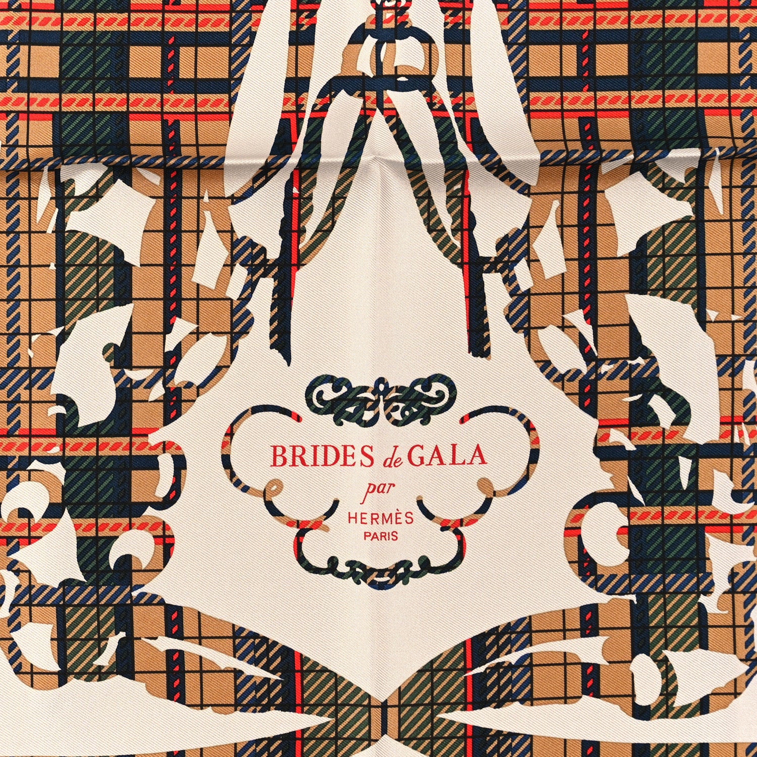 Hermes Silk Brides De Gala Tartan Pocket Square Ajaccio Beige