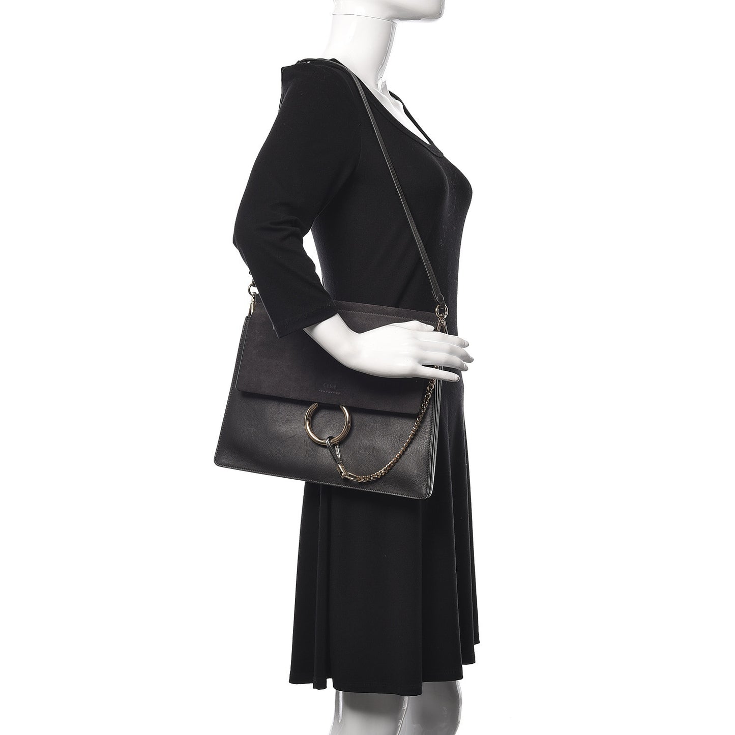 Suede Calfskin Medium Faye Shoulder Bag Carbon Grey