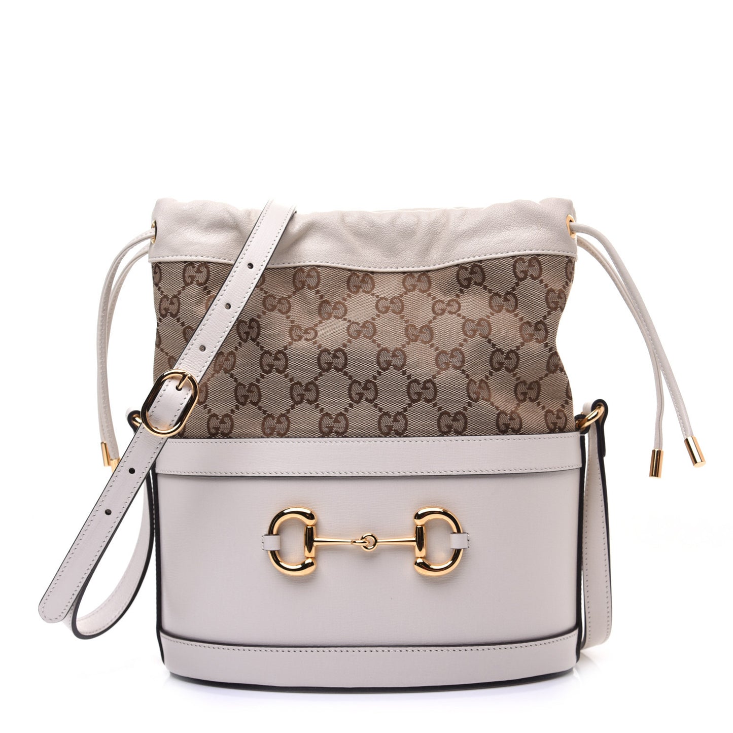 Monogram Textured Calfskin Horsebit 1955 Drawstring Bucket Bag Beige Mystic White