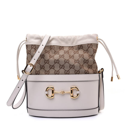 Gucci Monogram Textured Calfskin Horsebit 1955 Drawstring Bucket Bag Beige Mystic White 1 of 10