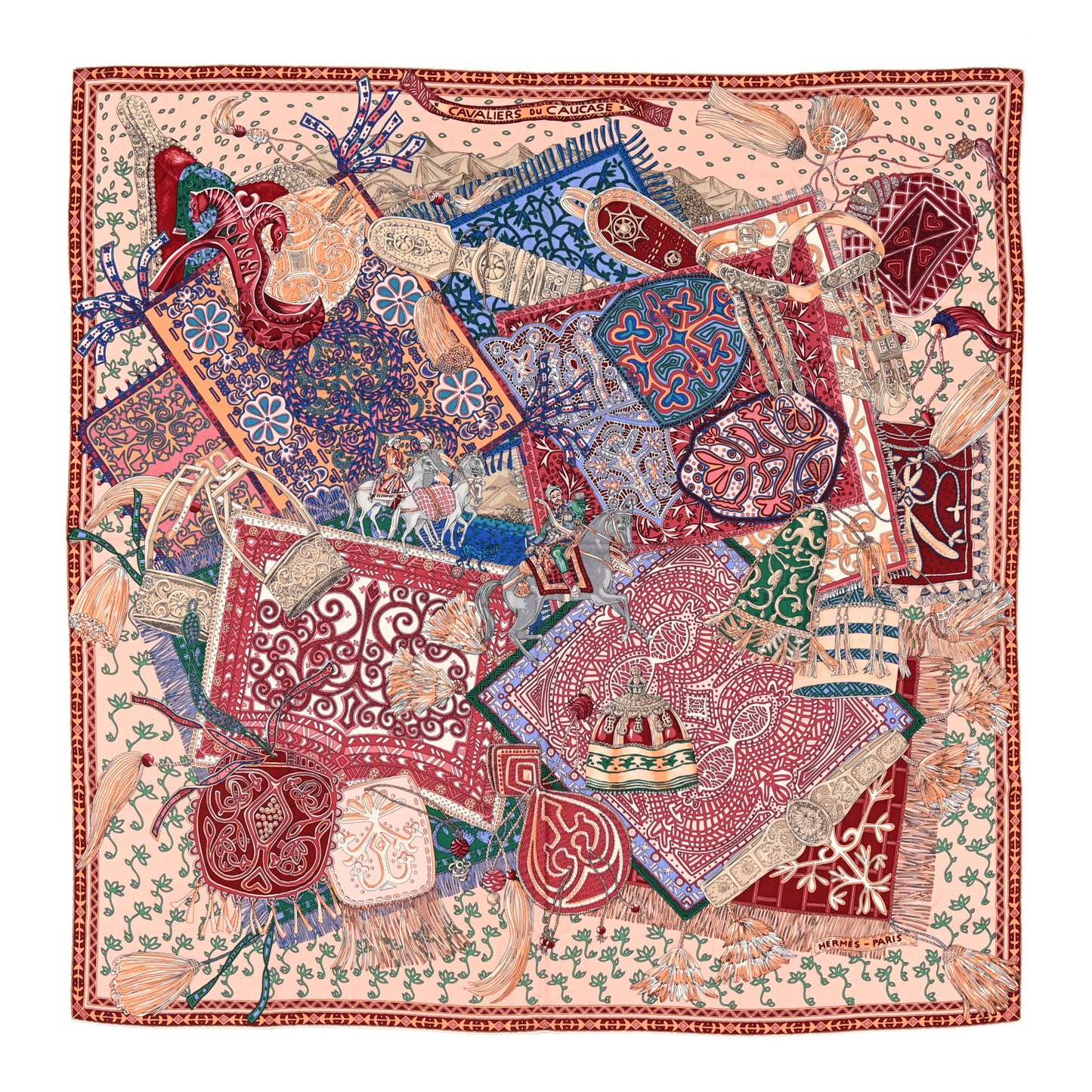 Cashmere Silk Cavaliers du Caucase Shawl 140 Rose Pale Bleu Framboise