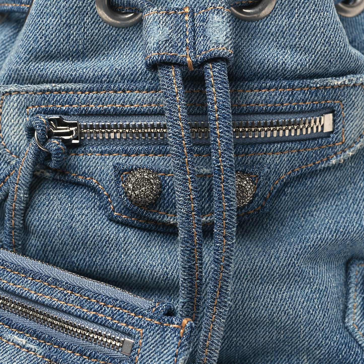Washed Denim Crystal BB Monogram Le Cagole Bucket Bag XS Blue