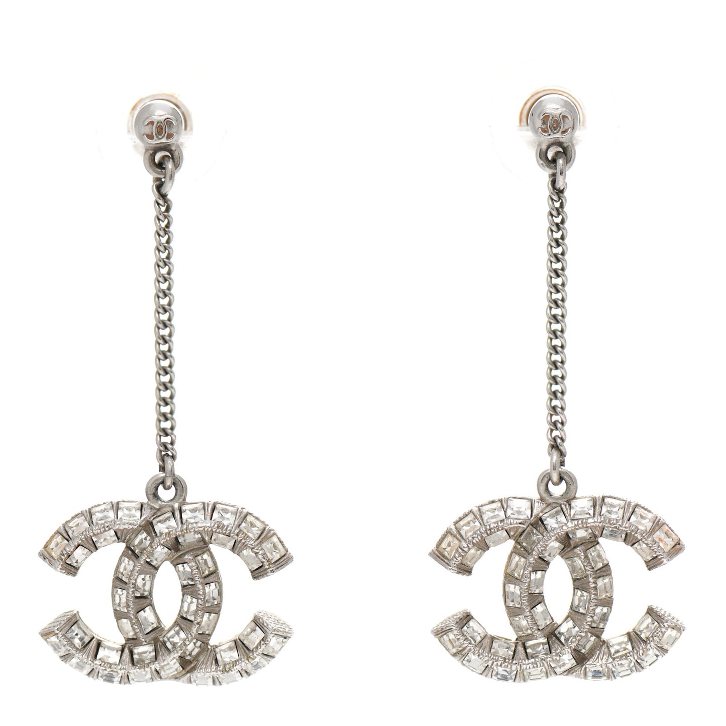 Baguette Crystal CC Drop Earrings Silver
