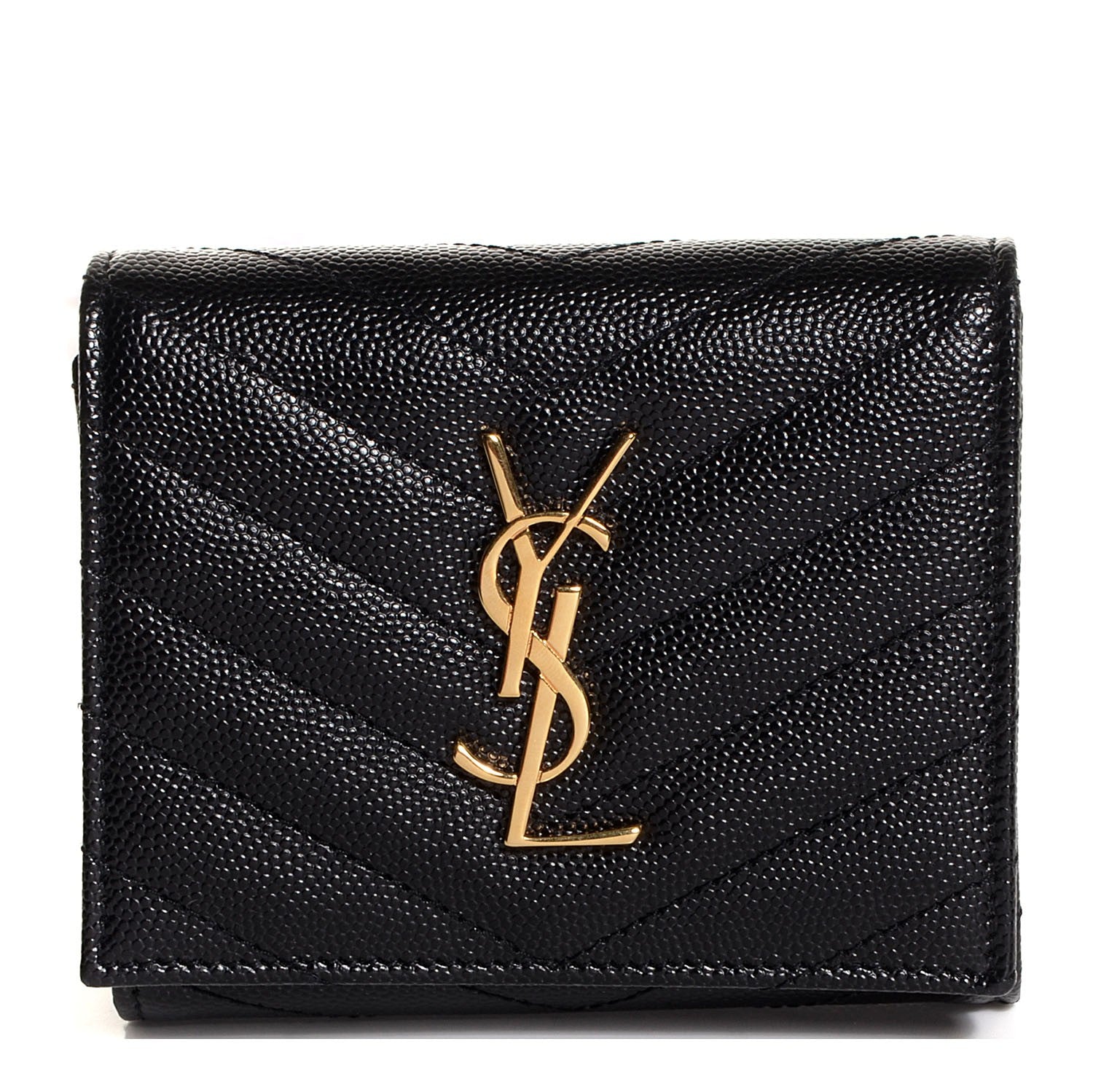 Saint Laurent Grain De Poudre Matelasse Chevron Monogram Compact Wallet Black 1 of 5