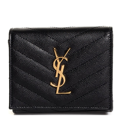 Saint Laurent Grain De Poudre Matelasse Chevron Monogram Compact Wallet Black 1 of 5