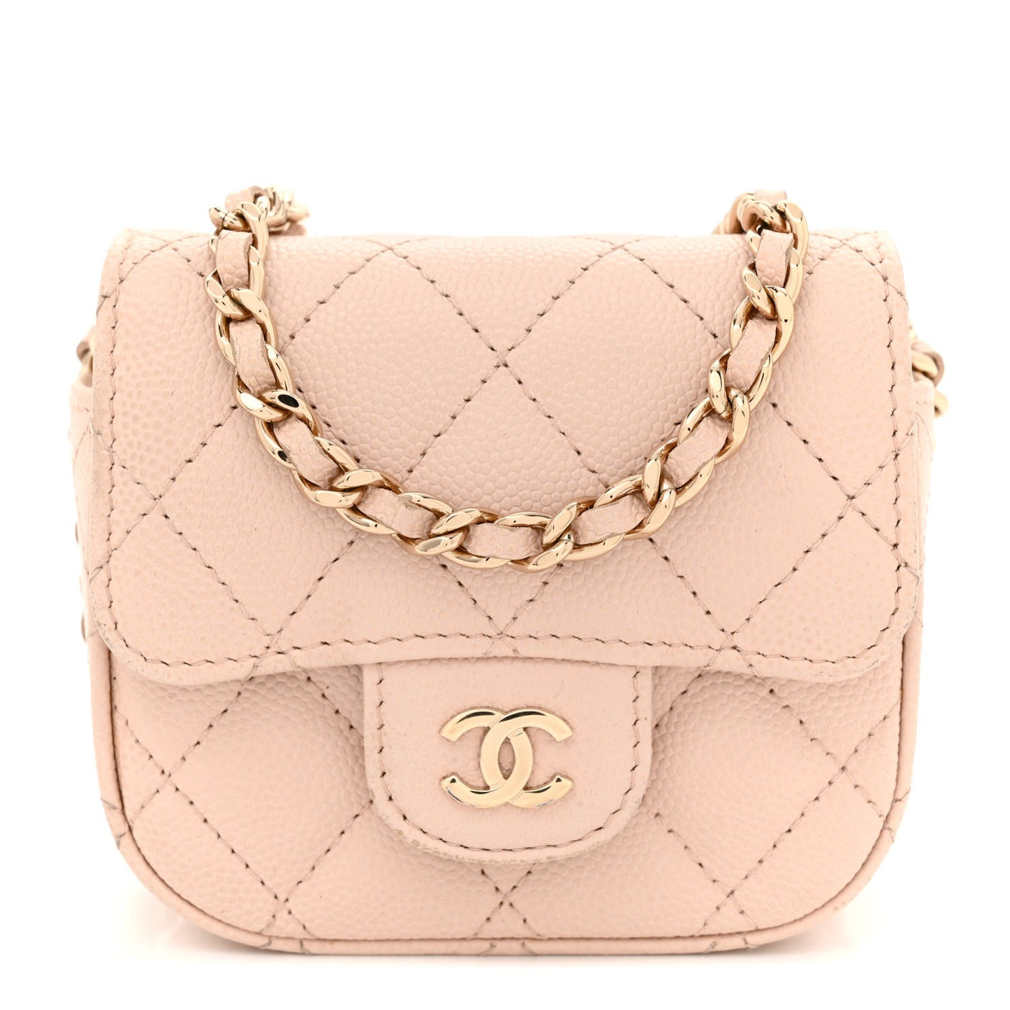 Caviar Quilted Mini Clutch With Chain Light Beige
