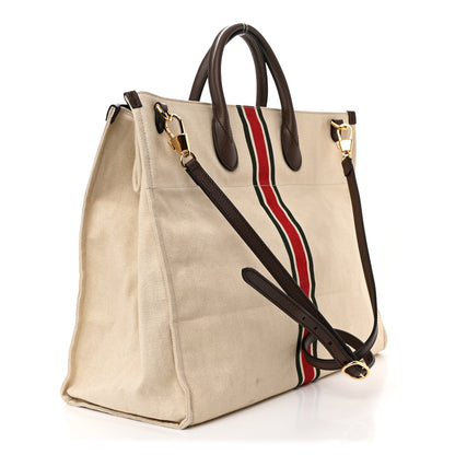 Gucci Linen Heavy Canvas Textured Dollar Calfskin Web Large Retro Interlocking G Foldable Tote Light Beige New Acero 3 of 12