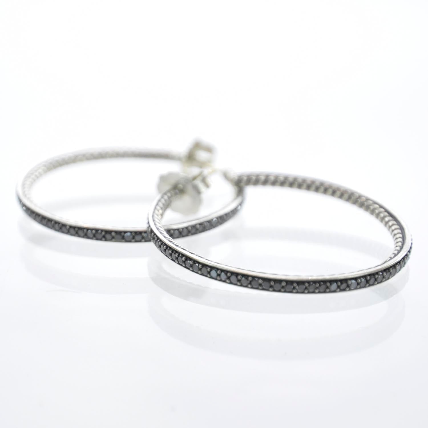 David Yurman Sterling Silver Black Diamond Graphite Ice Hoop Earrings 1 of 3