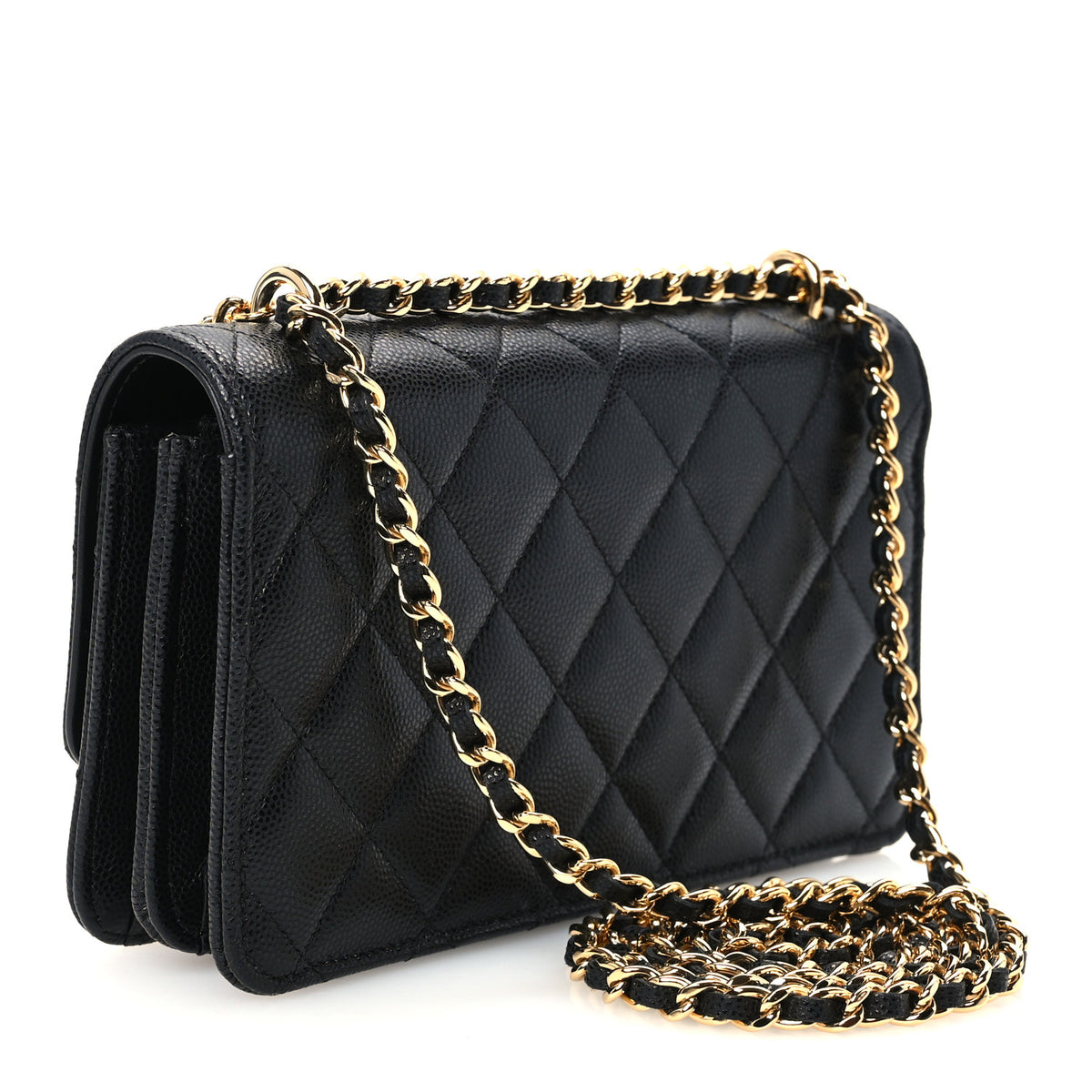 Shiny Caviar Quilted Flap Charm Wallet On Chain WOC Black