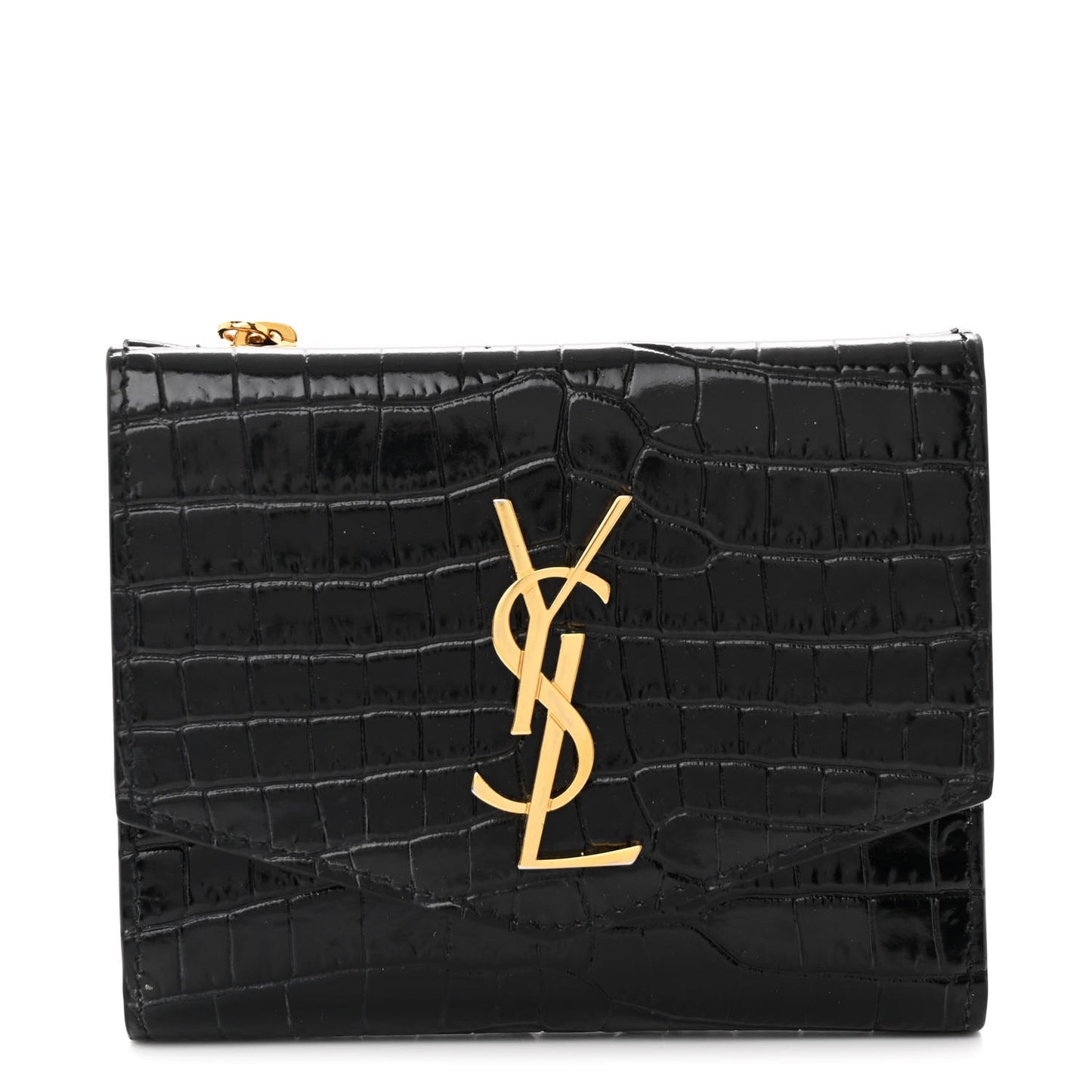 Shiny Calfskin Crocodile Embossed Monogram Uptown Compact Wallet Black
