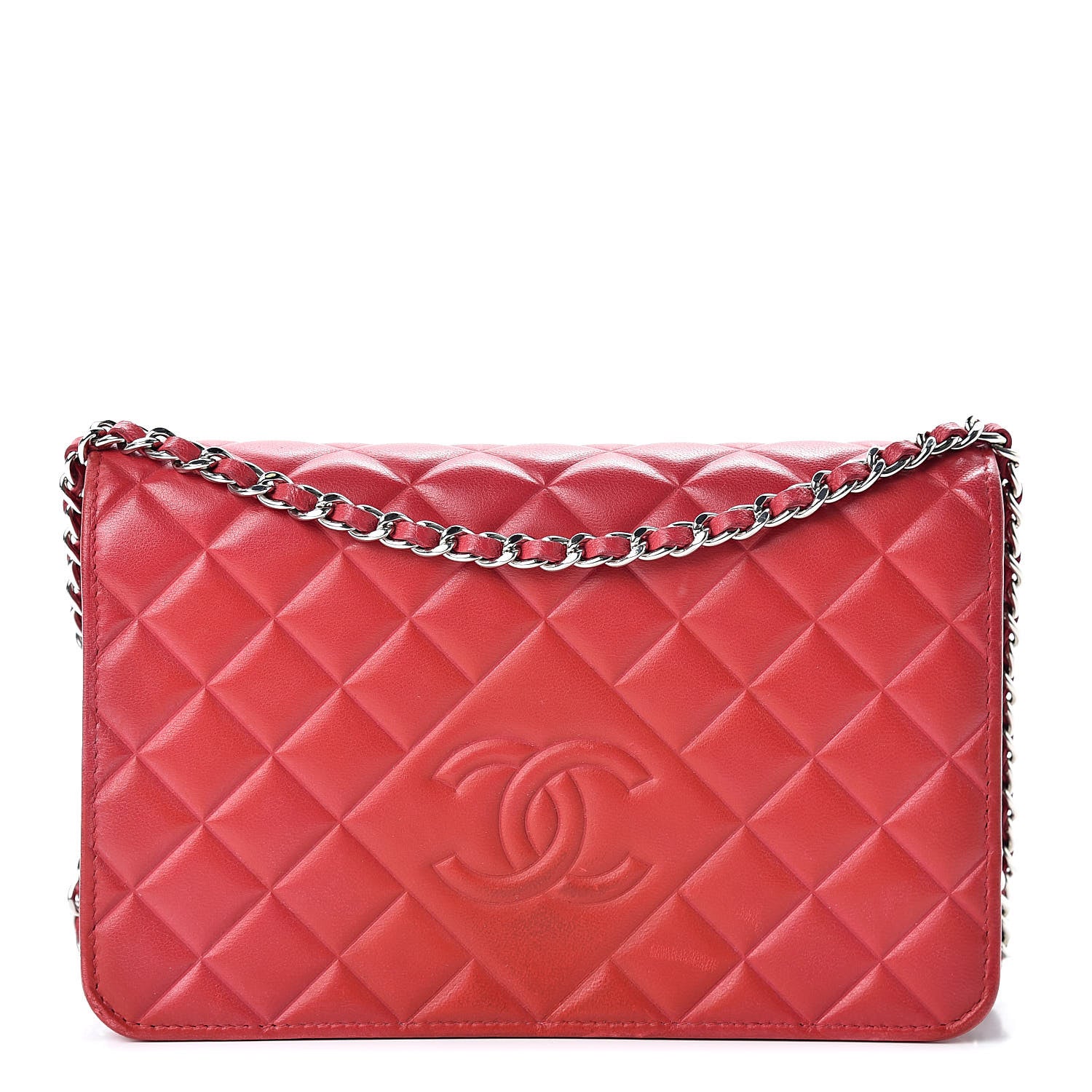 Chanel Goatskin Quilted Diamond CC Wallet On Chain WOC Red 1 of 16