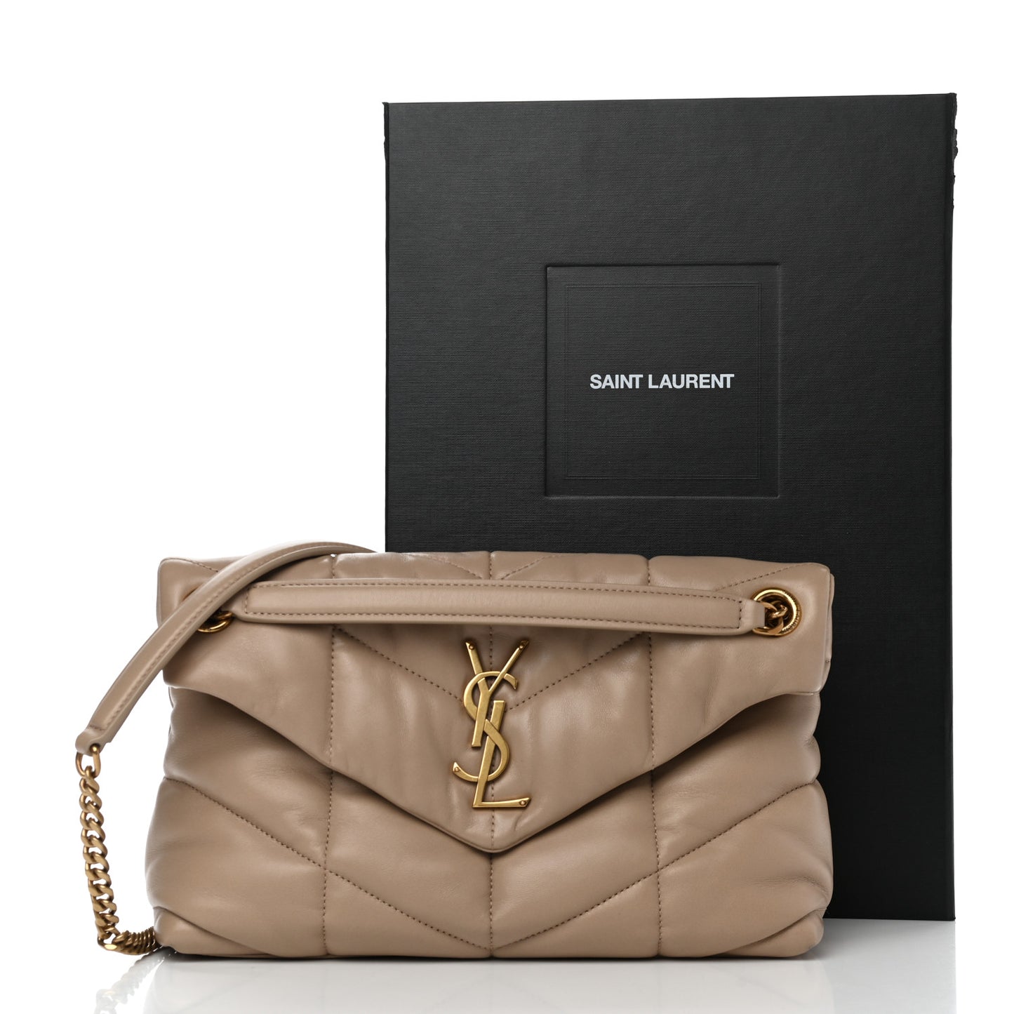 Lambskin Quilted Small Loulou Puffer Monogram Chain Satchel Dark Beige
