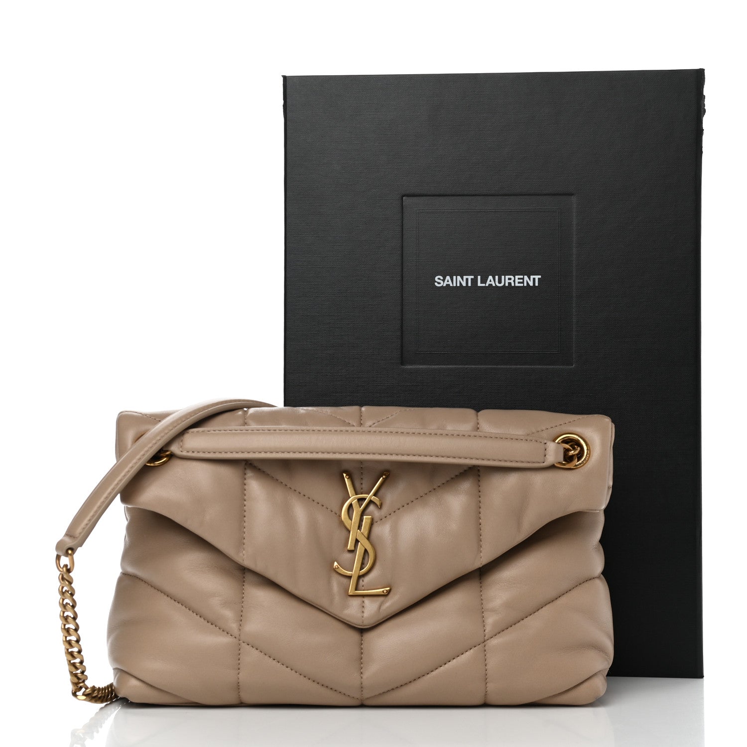 Saint Laurent Lambskin Quilted Small Loulou Puffer Monogram Chain Satchel Dark Beige 11 of 11