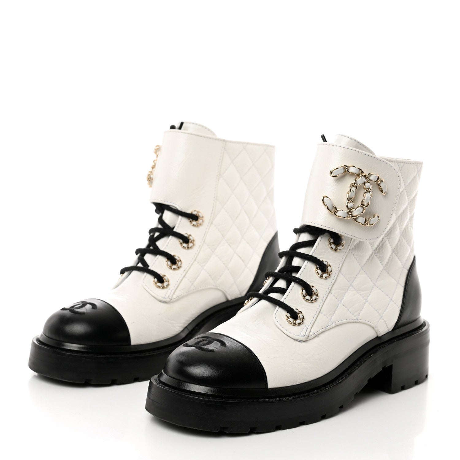 Chanel Shiny Goatskin Calfskin Quilted Lace Up Combat Boots 36 White Black 3 of 8