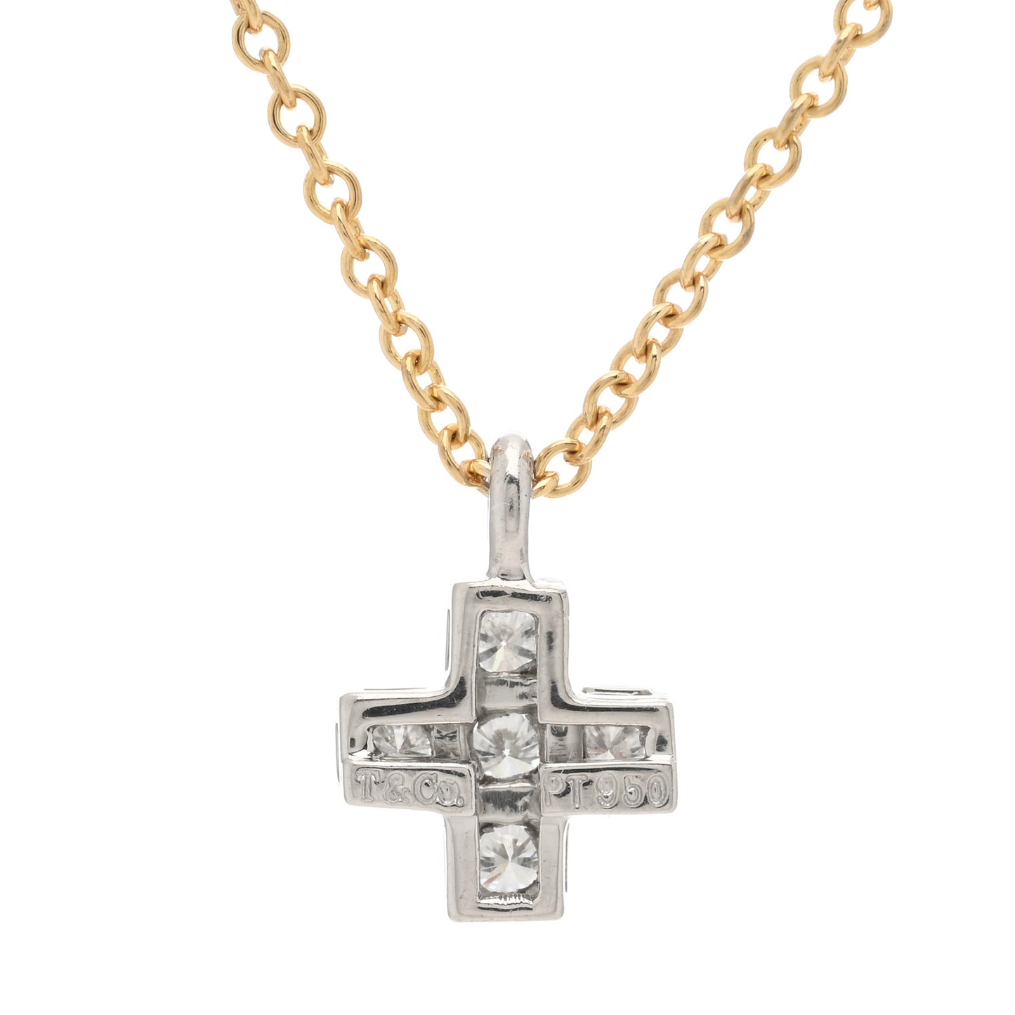 18K Yellow Gold Platinum Diamond Cruciform Cross Pendant Necklace