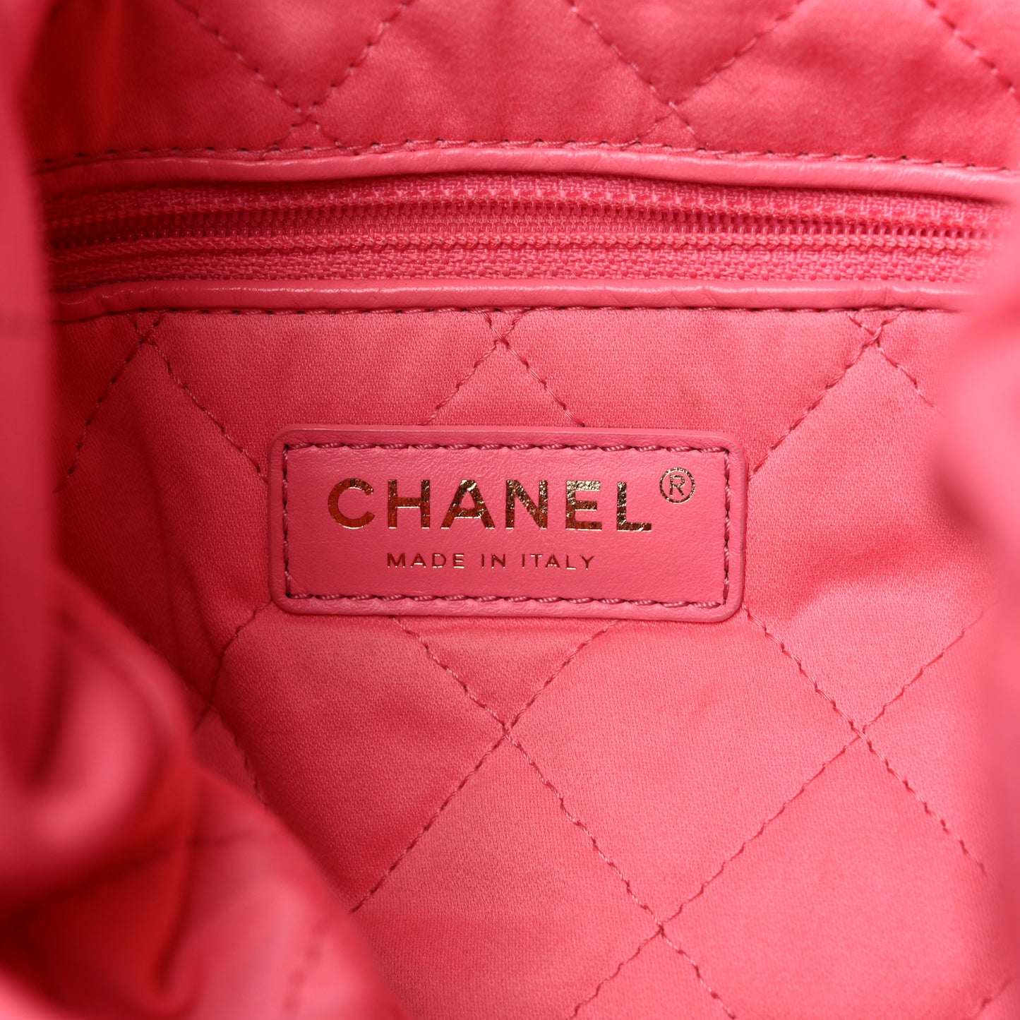 Shiny Calfskin Quilted Chanel 22 Drawstring Bag Coral Pink