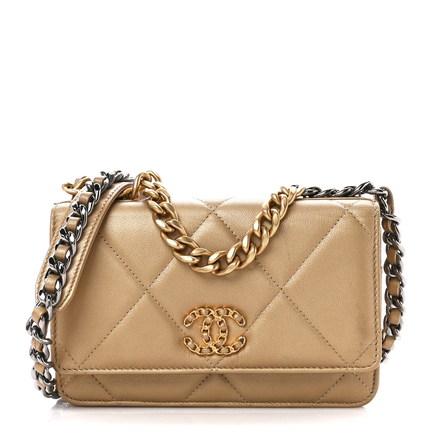 Metallic Goatskin Quilted Chanel 19 Wallet On Chain WOC Gold