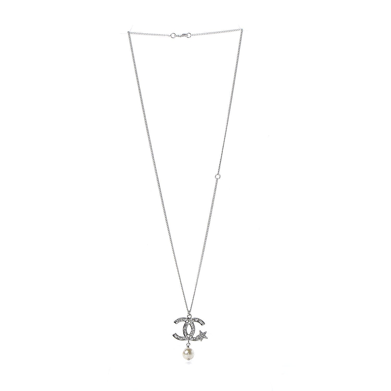 Chanel Crystal CC Star Pearl Drop Necklace Silver 3 of 6
