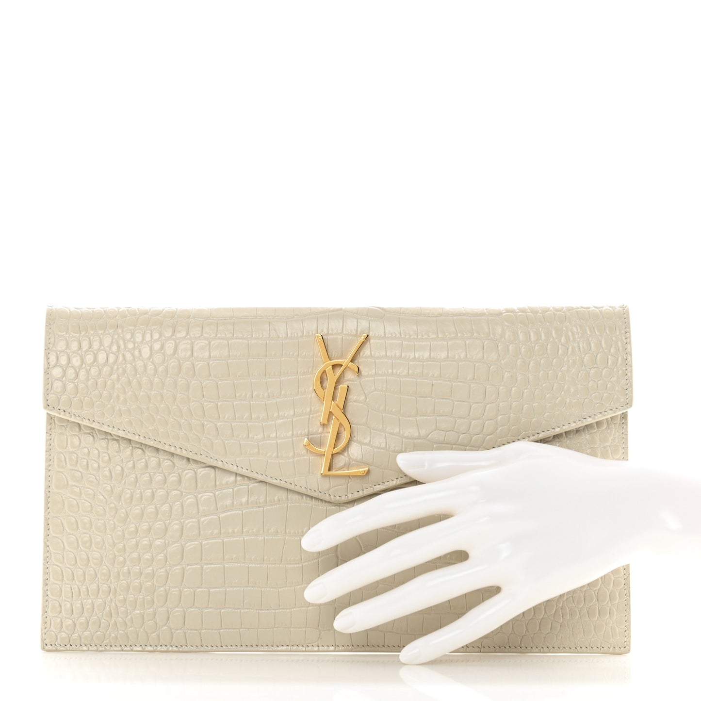 Calfskin Crocodile Embossed Uptown Monogram Pouch Crema Soft