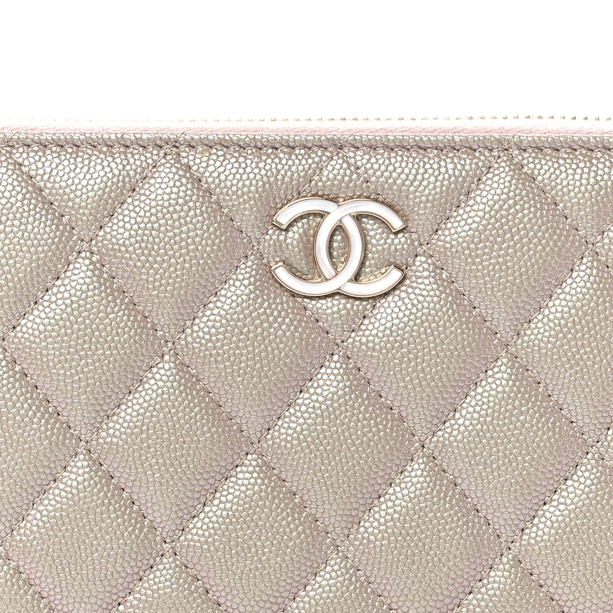 Iridescent Caviar Quilted Large Gusset Zip Around Wallet Beige