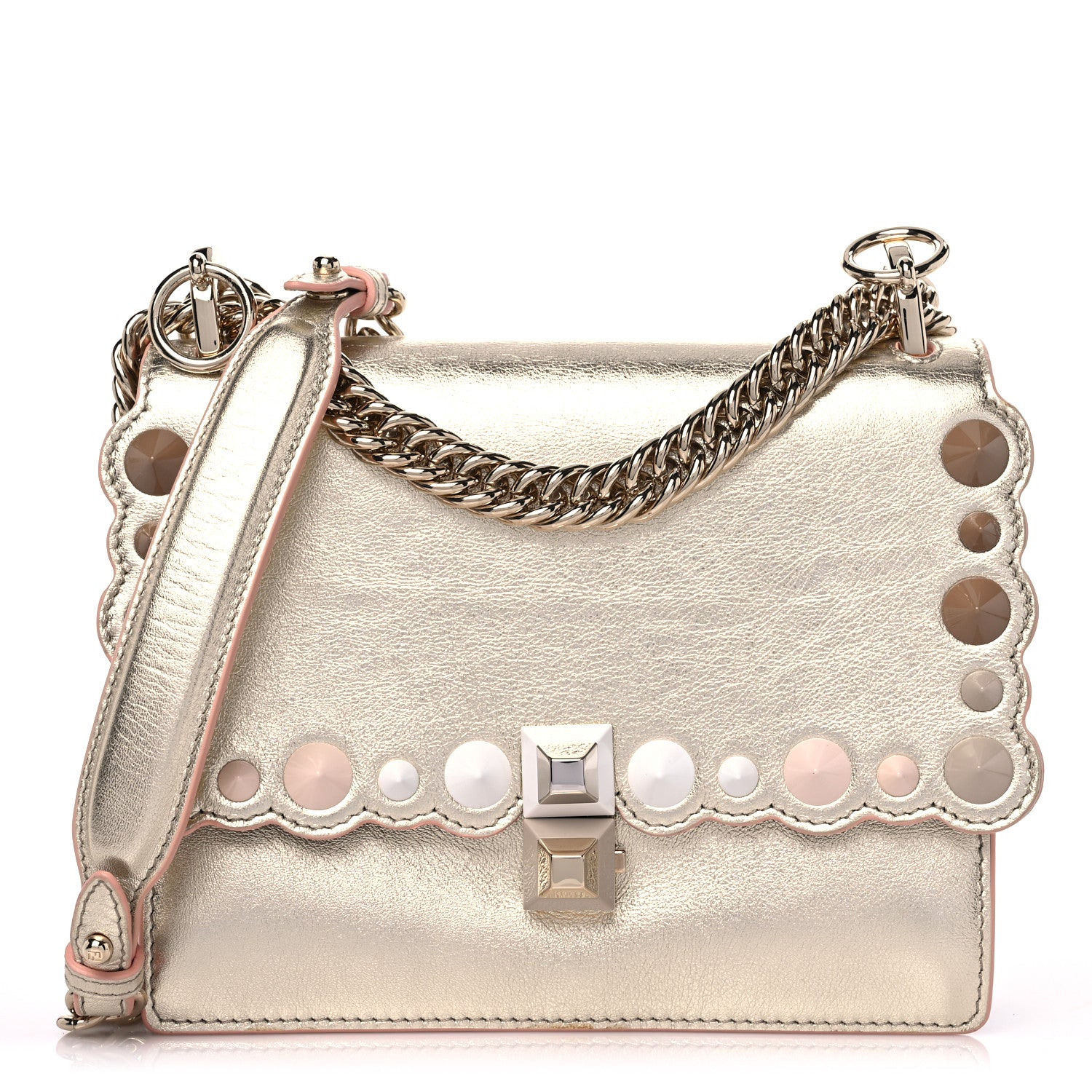 Fendi Vitello Catalan Mirror Scalloped Multi Studded Small Kan I Shoulder Bag Champagne 1 of 12