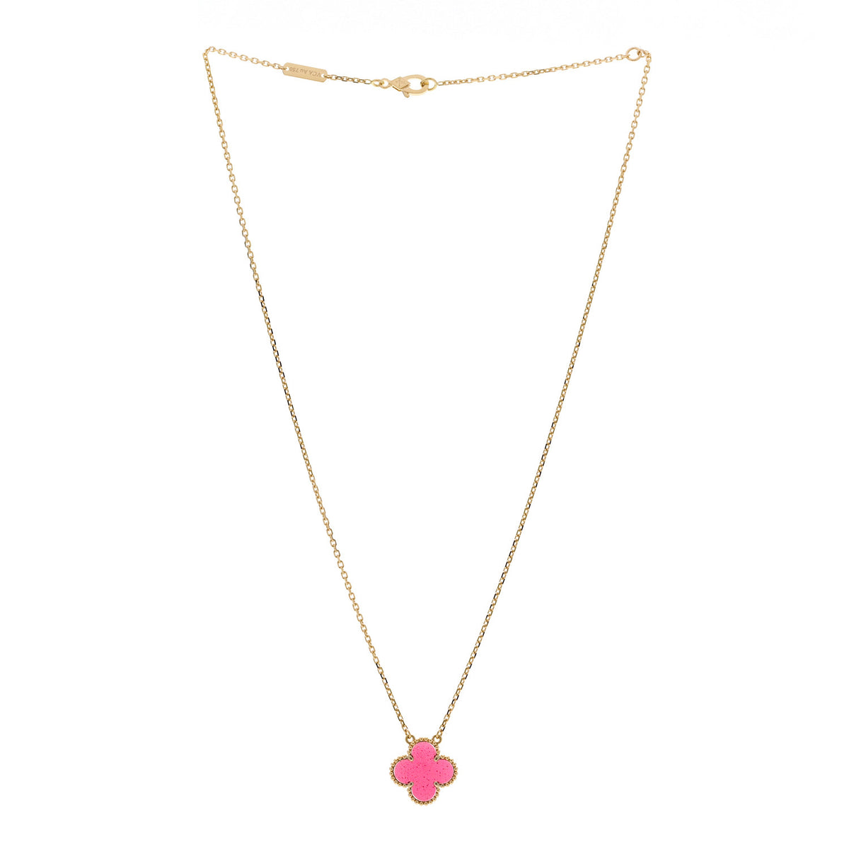 Van Cleef & Arpels 18K Yellow Gold Pink Enamel Vintage Alhambra Pendant Necklace 3 of 6