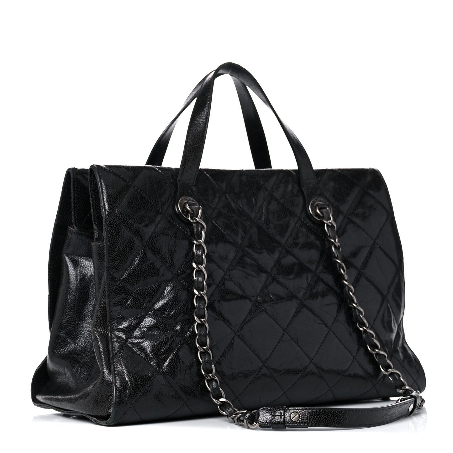 Crumpled Grained Calfskin Quilted CC Crave Tote Black