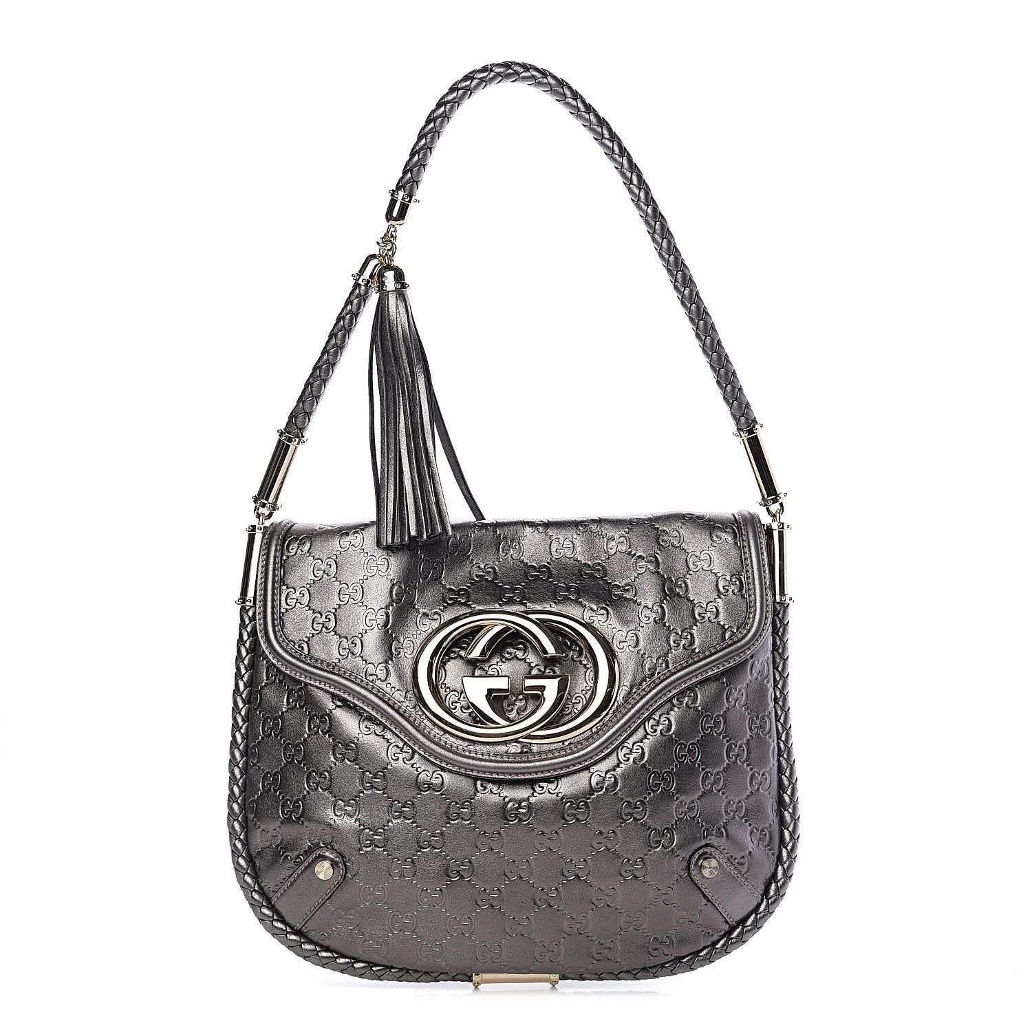Gucci Guccissima Britt Tassel Shoulder Bag Gunmetal 1 of 9
