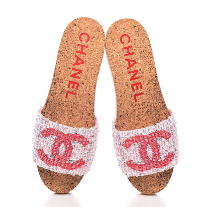 Chanel Tweed Lambskin Logo Mules 39 Pink Red 9 of 10