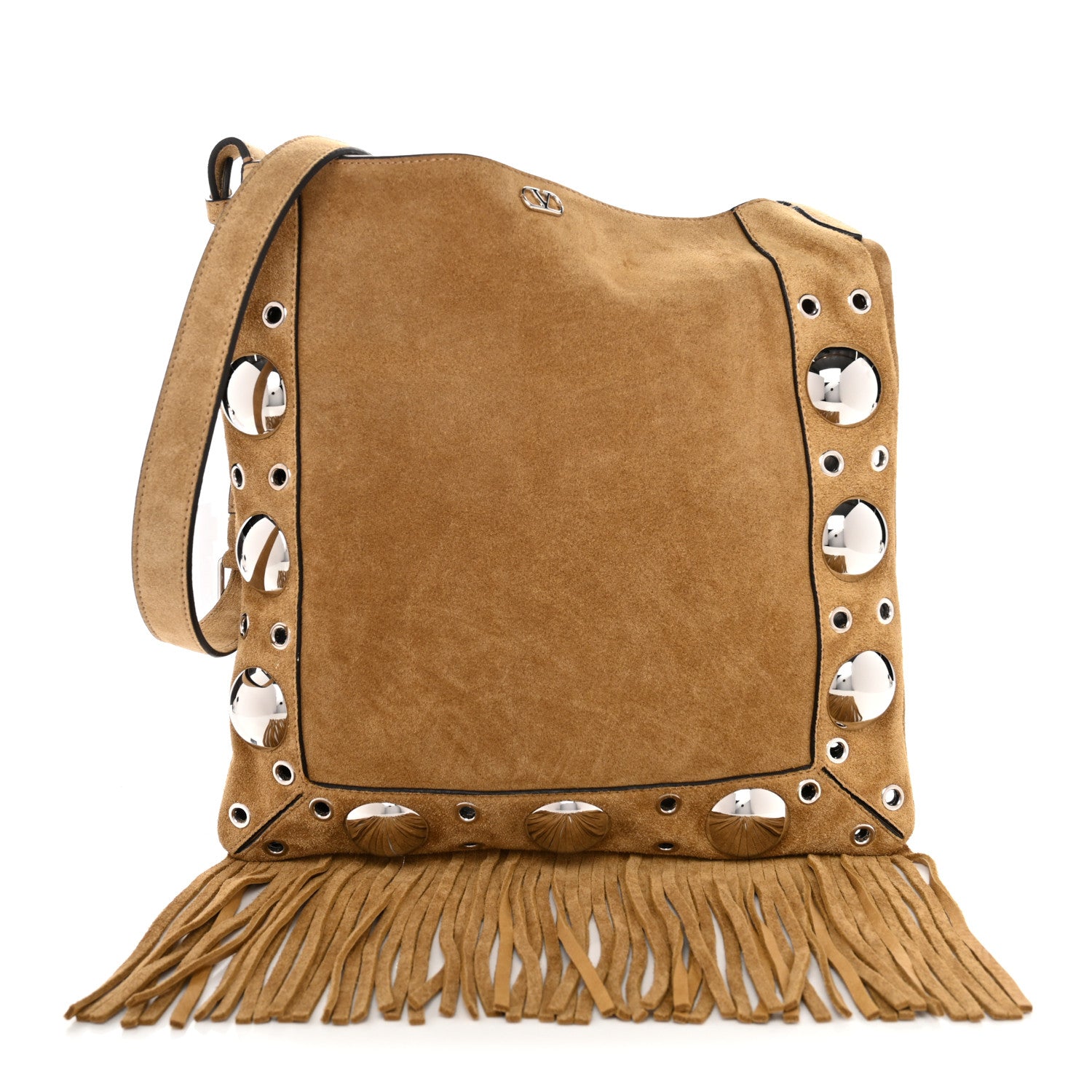 Valentino Garavani Suede Studded Nellcote Fringe Shoulder Bag Havana Beige 1 of 9