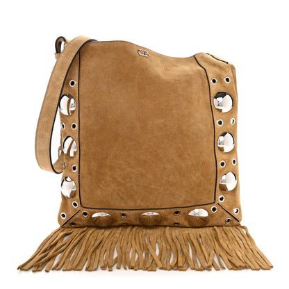Valentino Garavani Suede Studded Nellcote Fringe Shoulder Bag Havana Beige 1 of 9