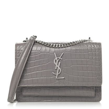 Saint Laurent Calfskin Crocodile Embossed Monogram Sunset Chain Wallet Fog 1 of 6