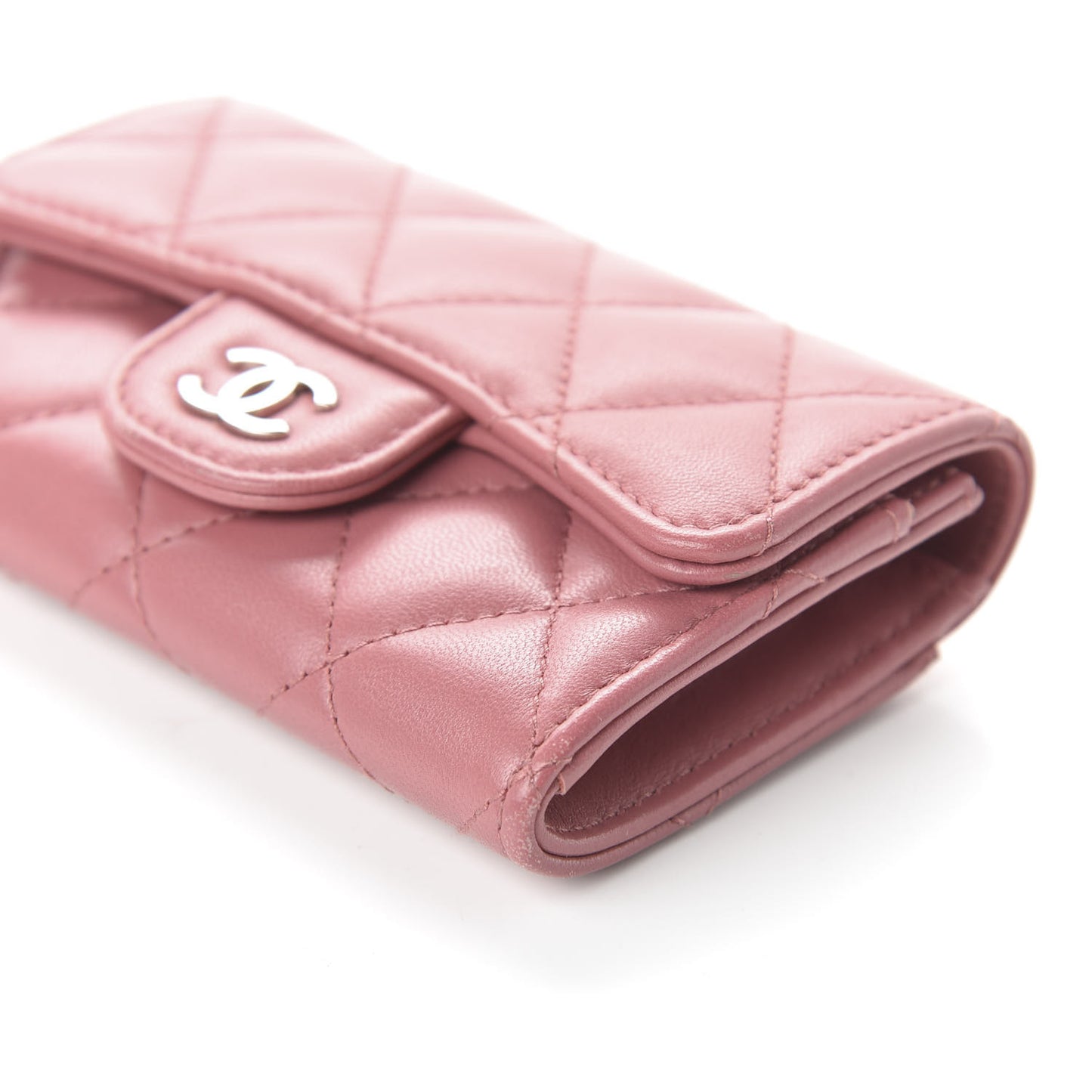 Lambskin Quilted Flap Card Holder Wallet Pink