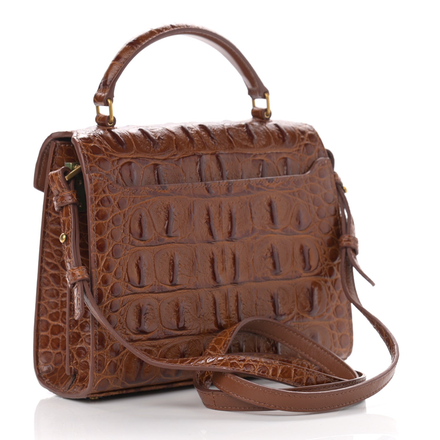 Saint Laurent Calfskin Crocodile Embossed Mini Classic Monogram Cassandra Top Handle Brown 3 of 14