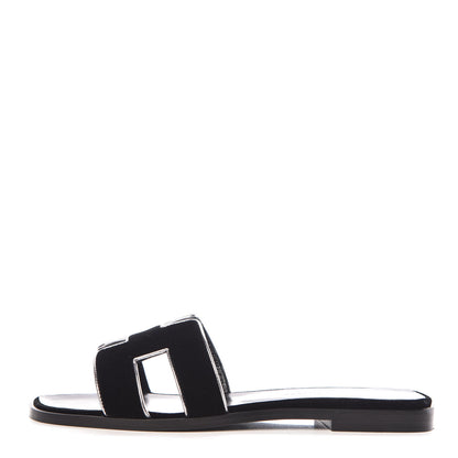 Hermes Velvet Nappa Oran Sandals 36 Black Argent Vieilli 1 of 8