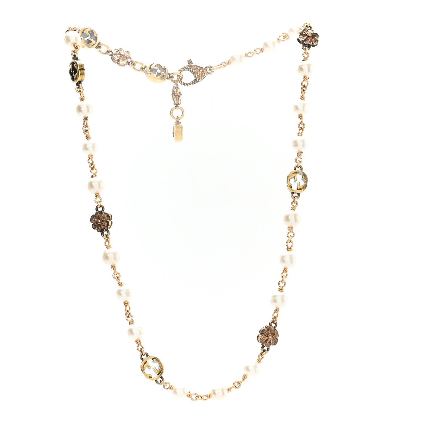 Metal Pearl Interlocking G Flower Necklace Gold