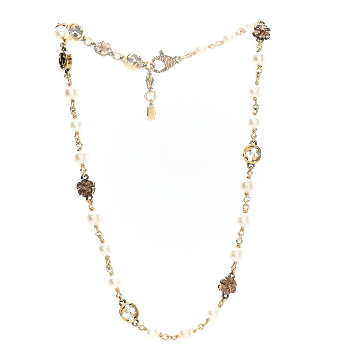Gucci Metal Pearl Interlocking G Flower Necklace Gold 1 of 5
