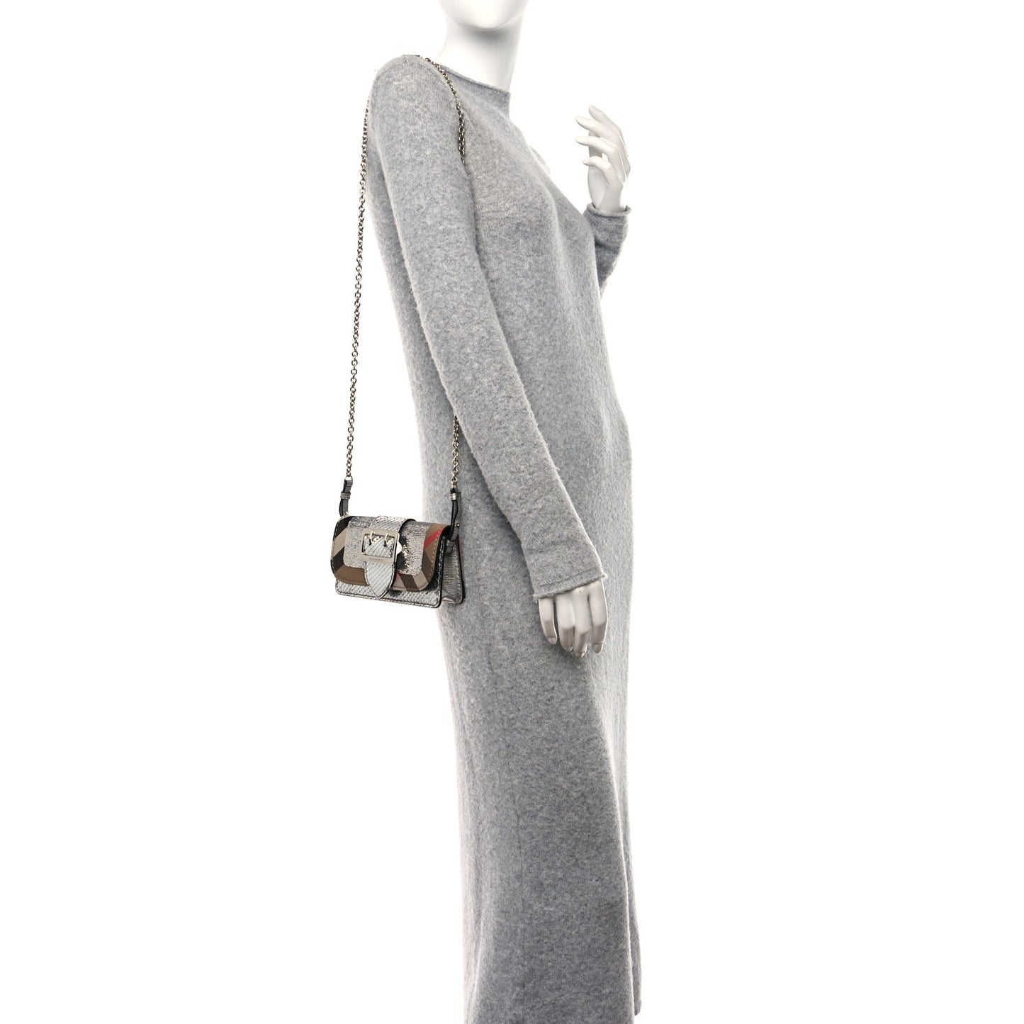 Metallic Snakeskin House Check Sequin Mini Madison Buckle Bag Silver