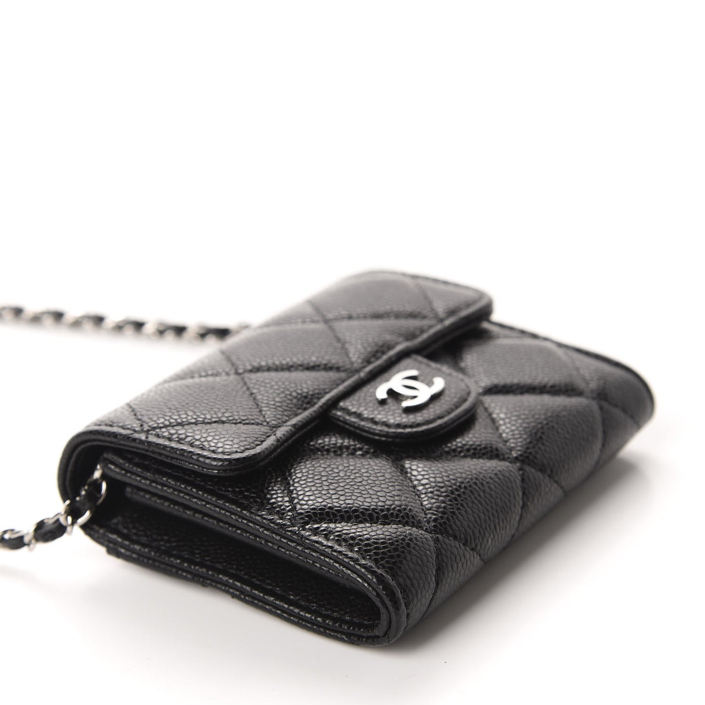 Caviar Quilted Flap Card Holder On Chain Black