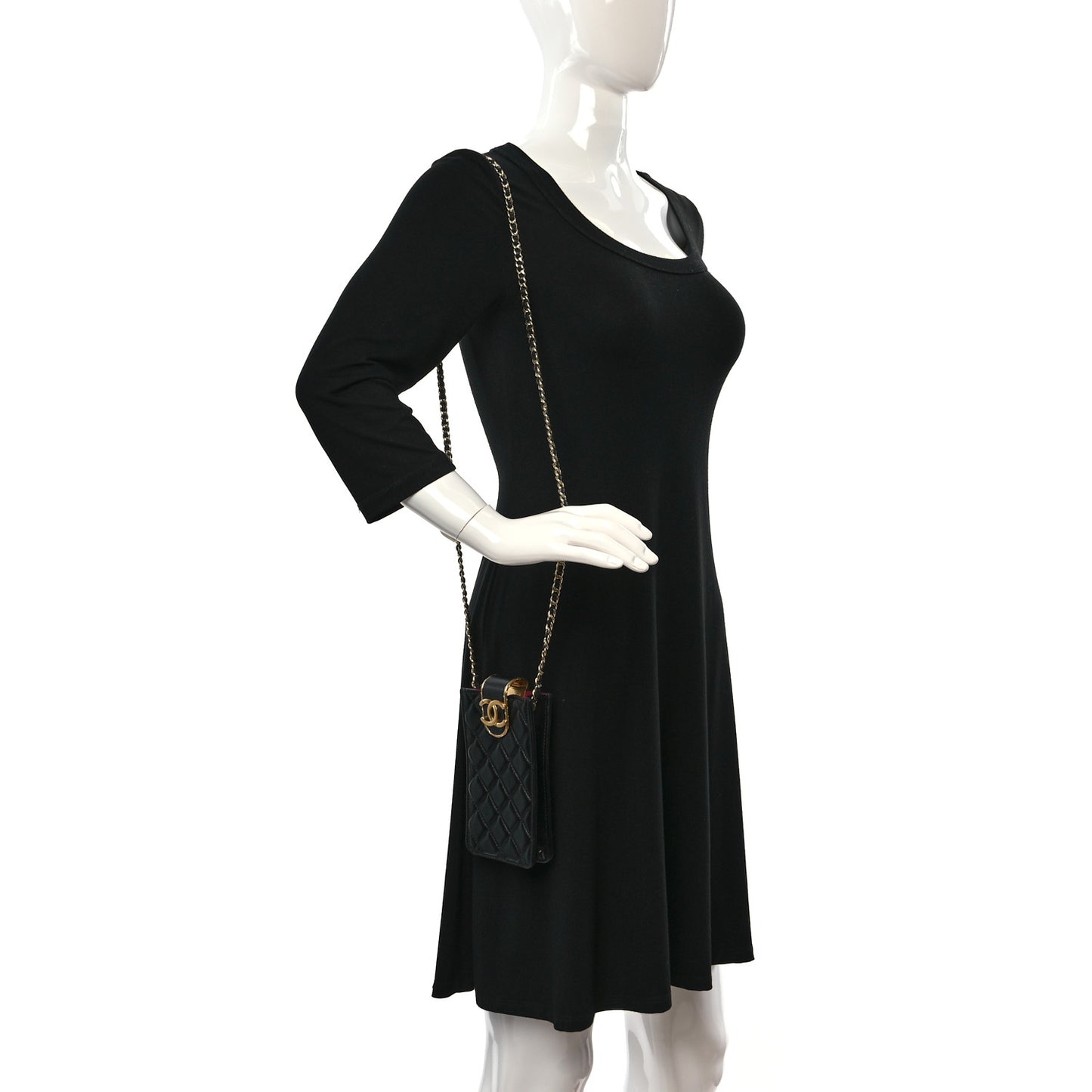 Lambskin Quilted Phone Holder With Chain Black