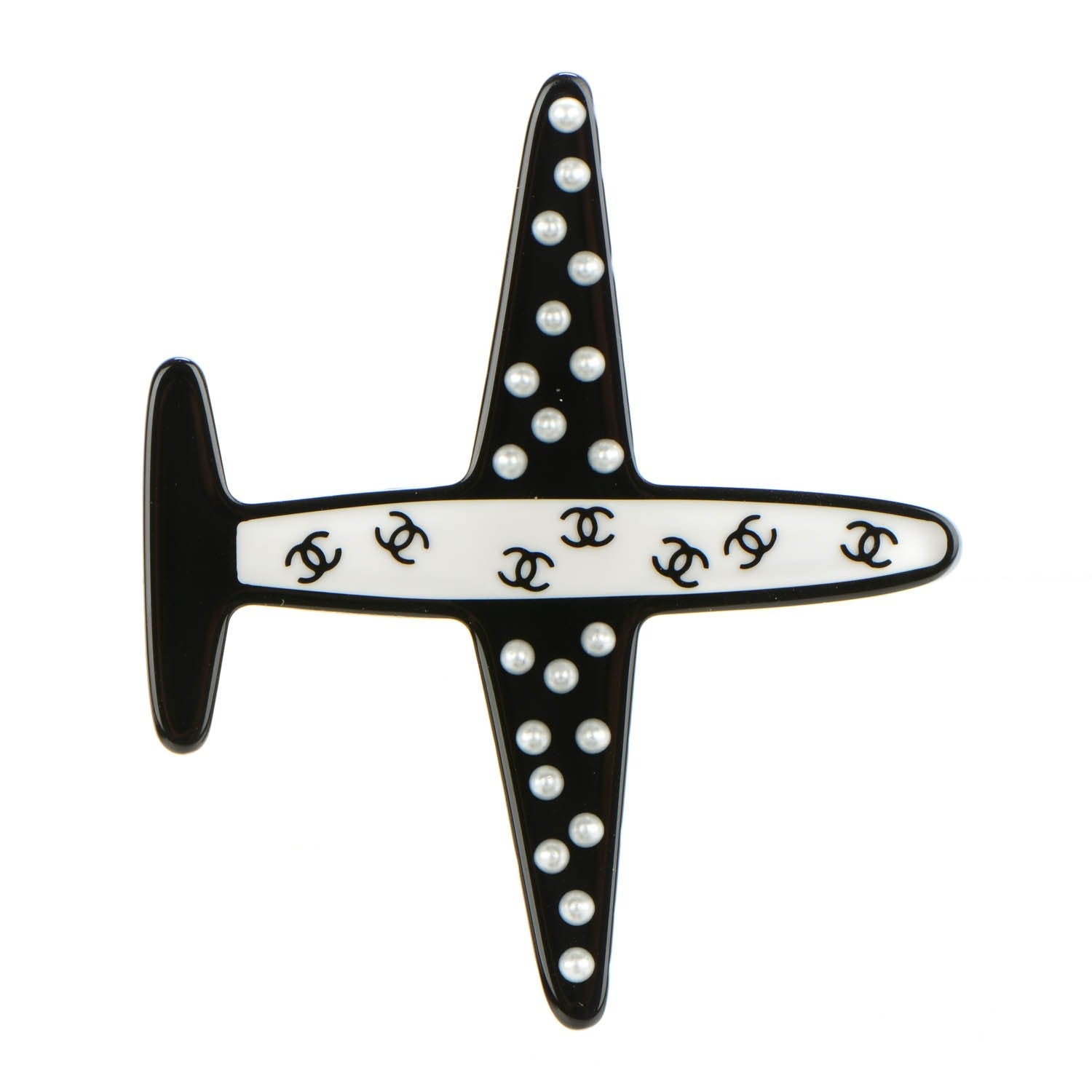 Chanel Resin Pearl CC Airplane Brooch Black White 1 of 5