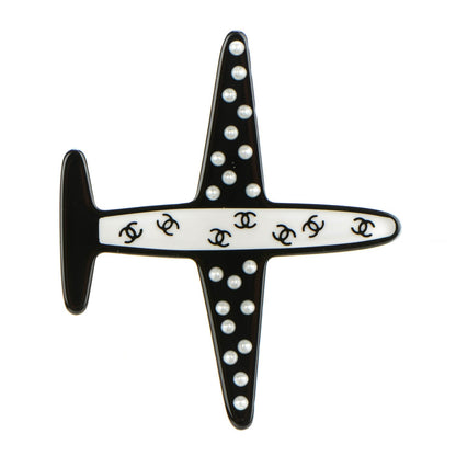 Chanel Resin Pearl CC Airplane Brooch Black White 1 of 5