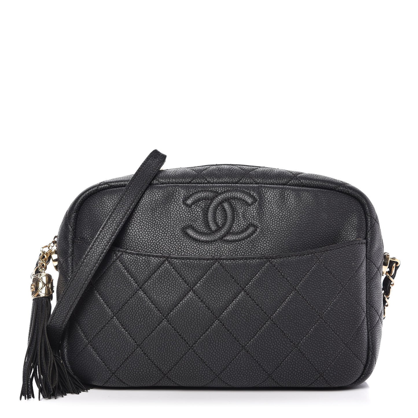 Iridescent Caviar Quilted Small Coco Tassel Camera Case Black