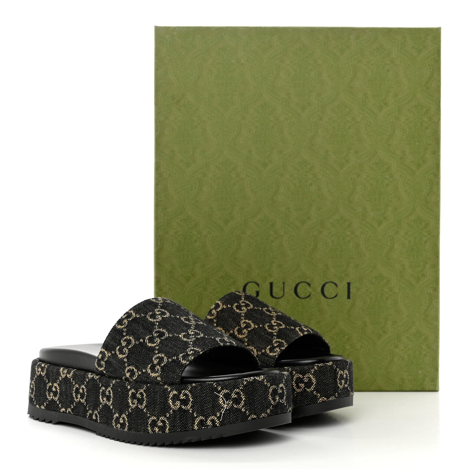 Gucci Jacquard Black Denim GG Monogram Angelina Platform 55mm Slide Sandals 36.5 Black Ivory 9 of 9